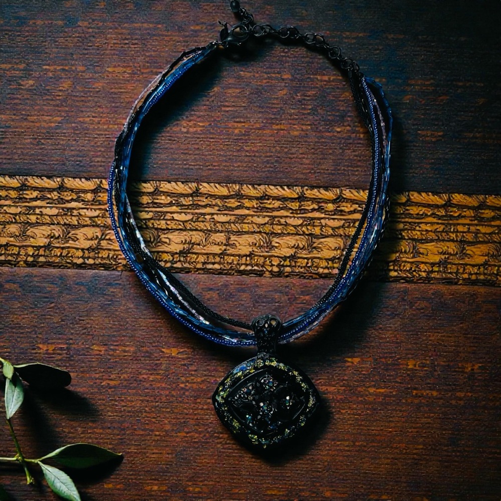 Vintage Chico’s Multi-Strand Beaded Black and Blue Pendant Statement Necklace